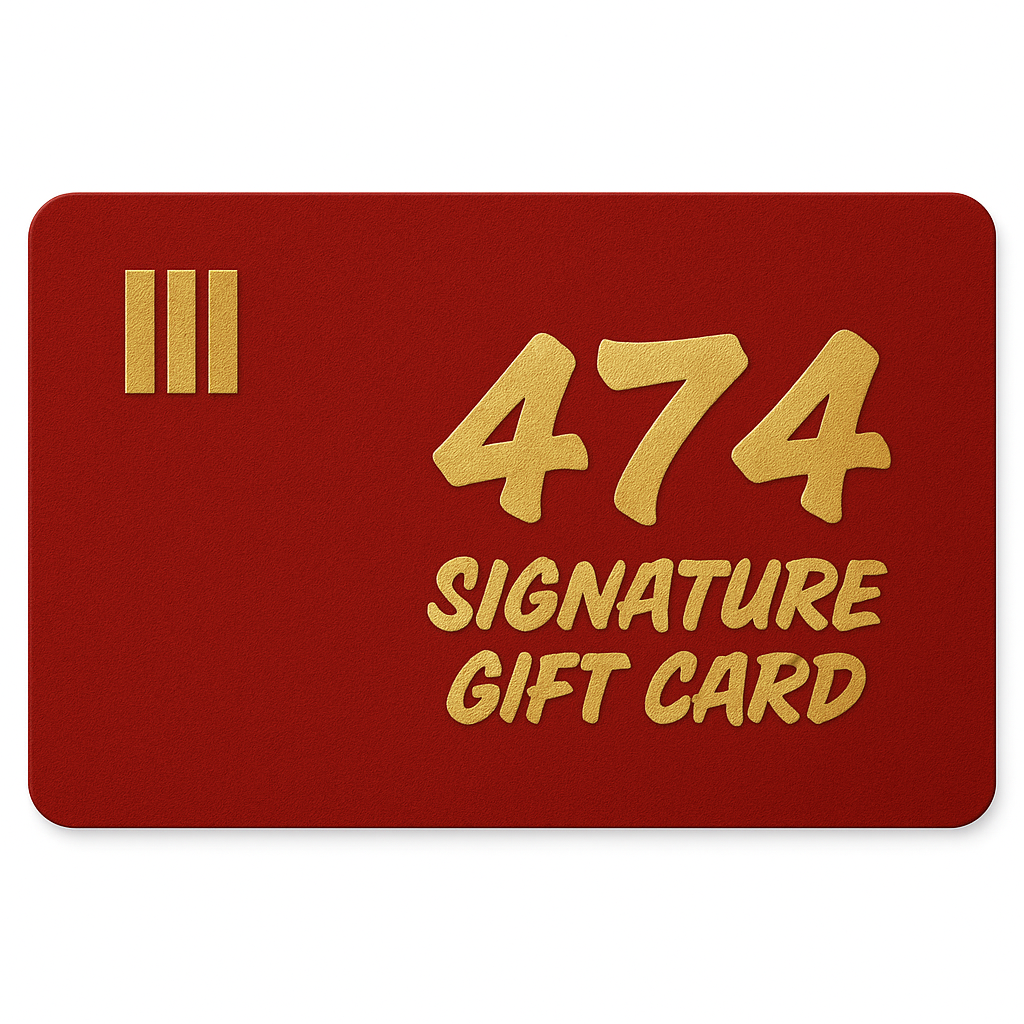 Red gift card with gold text '474 Signature Gift Card' on a white background