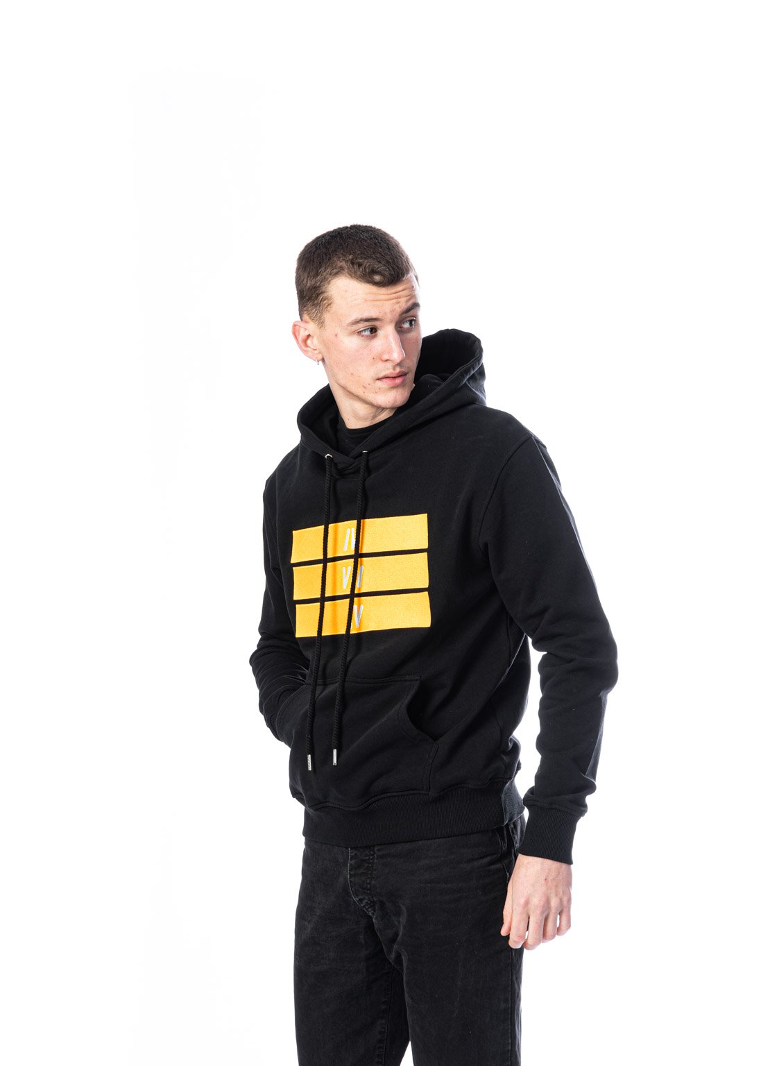 Organic Cotton Yellow 474 Bars embroidery Hoodie - Black