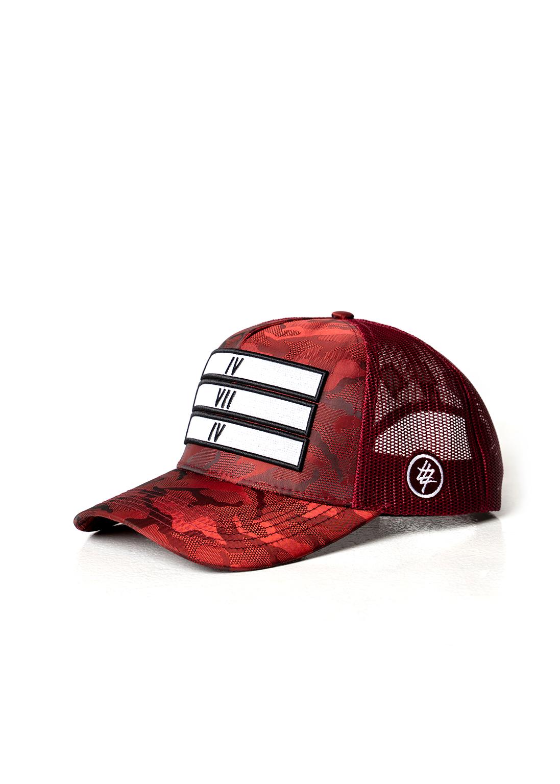 Burgundy Red Camo 474 3 Bars Trucker Cap